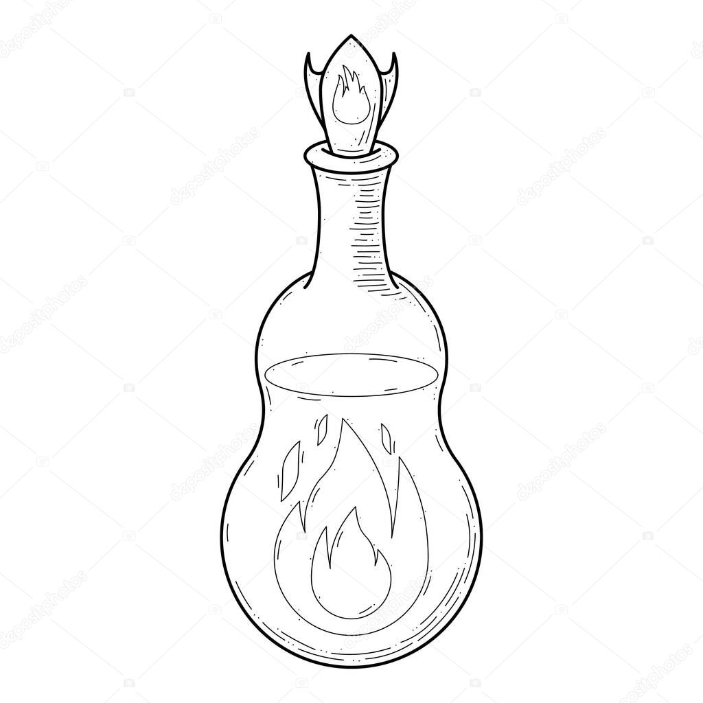 Black Simple Line Glass Flask Doodle Outline Fire Potion Snowflake Drink Elixir Liquid Element Vector Design Style Sketch Isolated Illustration Magic Witchcraft