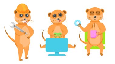 Soyut Koleksiyon Düz Çizgi Filmini Ayarla Farklı Hayvan Mirasçıları Anahtarcı, Av Platformunda Oynar, Donut Vektörü Tasarım Tarzı Vahşi Yaşam Elemanlarıyla Çay İçer