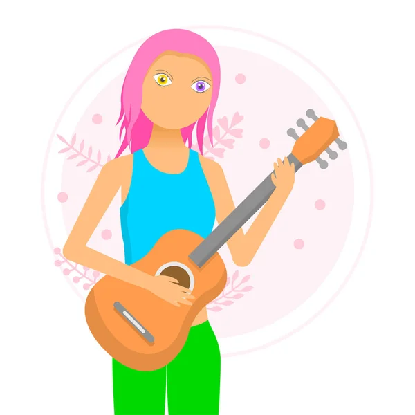 Flat Girl Woman Character Plays Guitar Different Colors Eyes Disease — Stockvektor