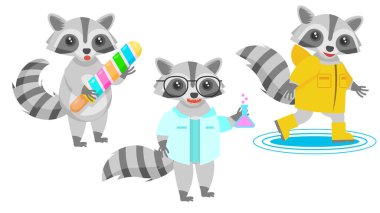 Soyut Koleksiyon Düz Çizgi Filmini Farklı Hayvan Rakunları Matkap Bilim Adamı, elinde kocaman bir dondurma, botlarla su birikintilerinden atlıyor ve yağmur kürkü vektör tasarımı tarzında vahşi yaşam elementleri tasarlıyor.