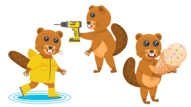 Soyut Koleksiyon Düz Çizgi Filmini Büyük Dondurmalı Farklı Hayvan Kunduzları, Sondajlı Matkaplar, Çizmeli Su birikintilerinden Atlama ve Yağmurluk Vektör Tasarım Tarzı Hayvanat Hayatı