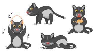 Soyut Koleksiyonu Düzleştir Farklı Hayvan Kedileri Kedi Durağı, Kemirgen Yeme, Müzik Dinleme, Uyuyan Vektör Tasarımı Vahşi Yaşam Elementleri