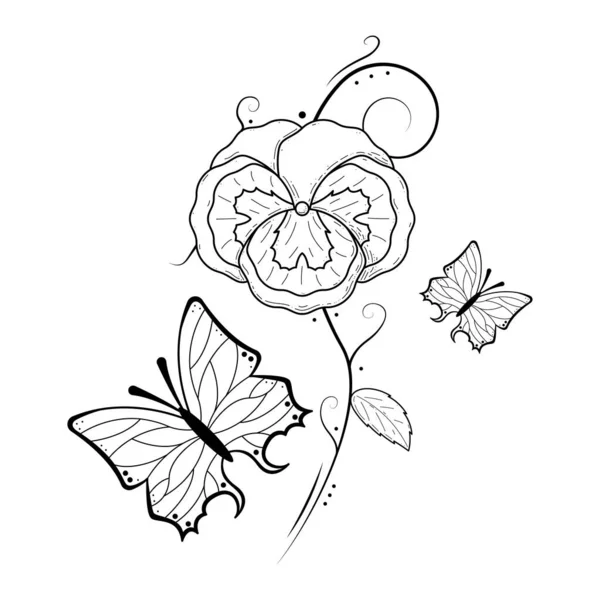 Αφηρημένη Πεταλούδα Πεταλούδες Εντόμων Φυτά Βοτανικό Λουλούδι Bruch Doodle Περίγραμμα — Διανυσματικό Αρχείο