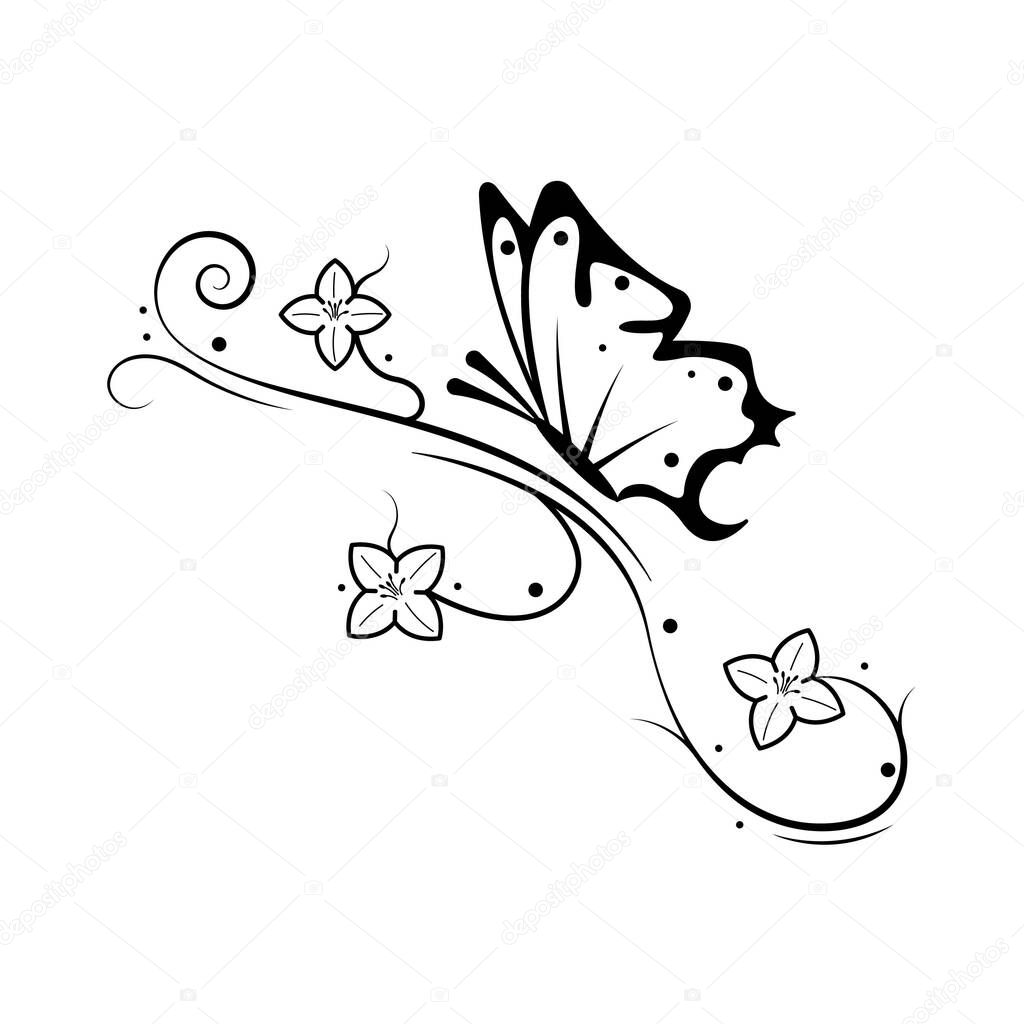 Abstract Butterfly Butterflies Insect With Plants Botanical Flower Bruch Doodle Outline Vector Design Style