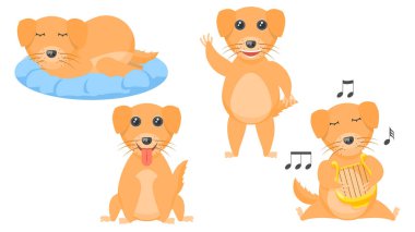 Soyut Koleksiyon Düz Çizgi Filmi Farklı Hayvan Köpekleri Standı, Uyuyan, Dalgalanan El, Lir Vektörü Tasarım Tarzı Vahşi Yaşam Elemanlarını Oynar