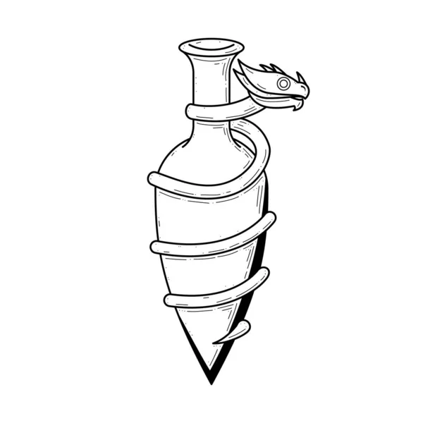 Black Simple Line Glass Flask Snake Doodle Outline Potion Drink — Stockvector