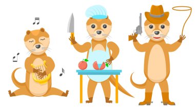 Soyut Koleksiyonu Düzleştir Farklı Hayvan Su samurları Liri Çalıyor, Şef Sebzeleri Bıçakla Kesiyor, Kovboy Kement Çizmeleri ve Şapka Vektörü Tasarım Tarzı Vahşi Yaşam