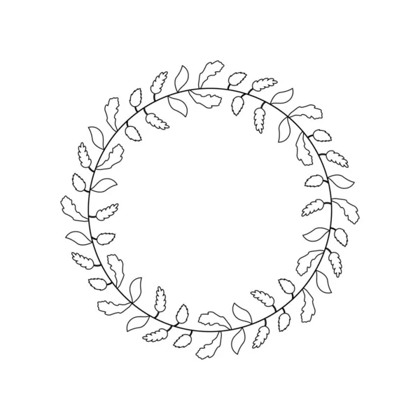 Cirque Rond Abstrait Ligne Simple Noire Avec Des Feuilles Feuille — Image vectorielle
