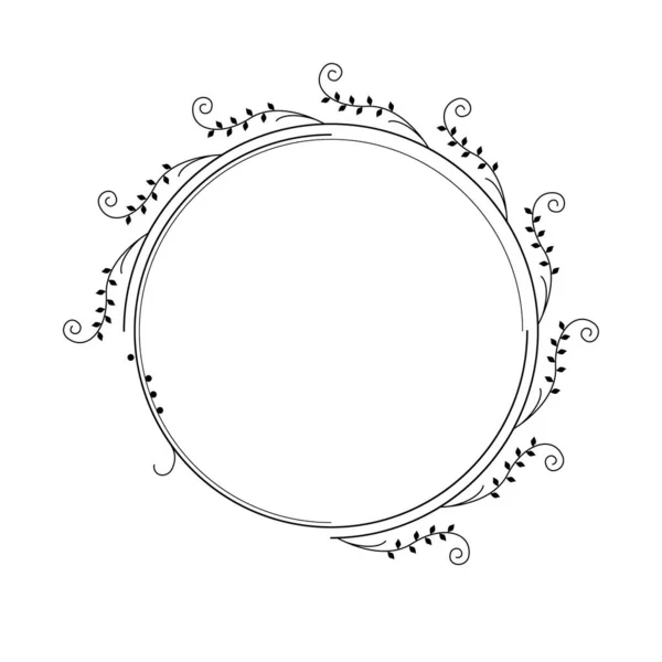 Abstraktní Černá Jednoduchá Čára Kulatý Kruh Listovými Listy Rám Květiny — Stockový vektor