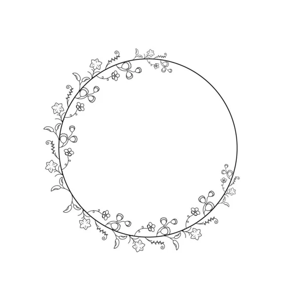 Αφηρημένη Μαύρη Απλή Γραμμή Στρογγυλό Κύκλο Φύλλα Φύλλα Πλαίσιο Λουλούδια — Διανυσματικό Αρχείο