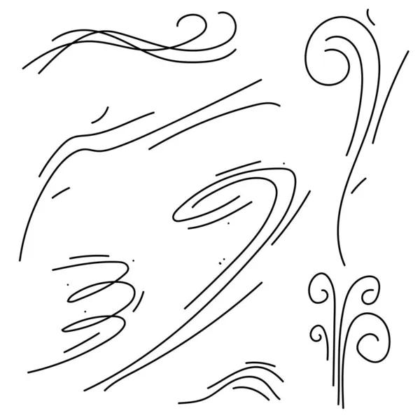 Set Black Collection Simple Line Winds Gust Squall Curl Doodle — Vector de stock