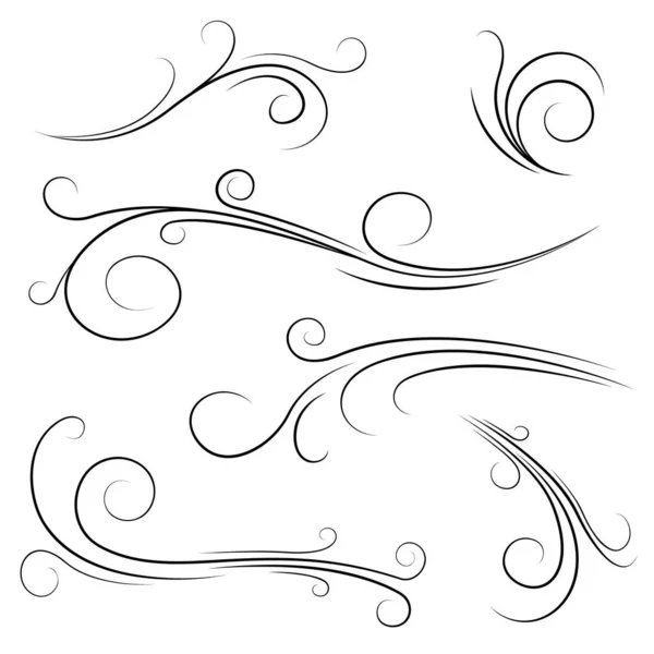 Set Black Collection Simples Linha Ventos Gust Squall Curl Doodle — Vetor de Stock