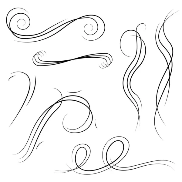 Set Black Collection Simple Line Winds Gust Squall Curl Doodle — Stockvector