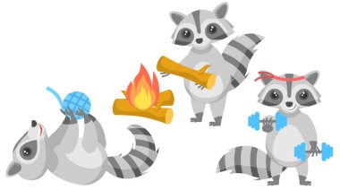 Soyut Koleksiyon Düz Çizgi Filmi Farklı Hayvan Yarışçıları Bir İplik Topuyla Oynuyor, Dambıllarla Spor İçin Gidiyor, Yangın Vektörü Tasarım Tarzı Hayvanat Bahçesi Yapıyor