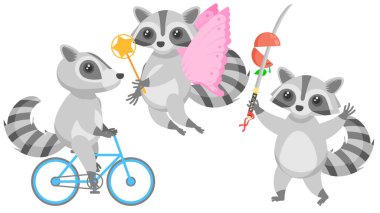 Soyut Koleksiyonu Düz Çizgi Filmi Bisiklete Binen Farklı Hayvan Rakunları, Kanatlı Peri ve Sihirli Asa, Katana Vektör Tasarım Tarzı Vahşi Yaşam Elementleri ile Elmayı Kesiyor