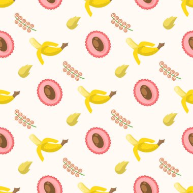 Kusursuz desensiz desenler, soyut elementler, muz ve liçi yapraklı vektör tasarım, arka plan tasarım dokusu, tekstil, giyim, hediye paketi, duvar kağıdı, pastel