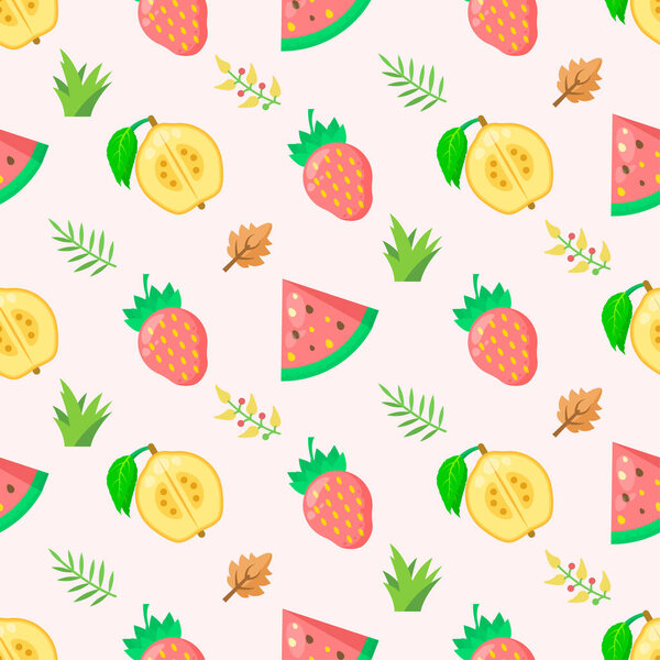 Seamless Pattern Abstract Elements Fruits Food With Leaves Vector Design Style Background Illustration Texture For Prints Textiles, Clothing, Gift Wrap, Wallpaper, Pastel