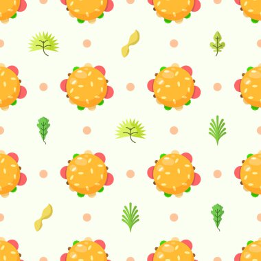 Kusursuz Desensiz Şekil Soyut Elementler Fast Food Hamburger Çizburger Yaprak Vektör Tasarım Tasarım Tasarım Stili Tekstil, Kıyafet Paketi, Duvar Kağıdı, Pastel Tasarım Stili