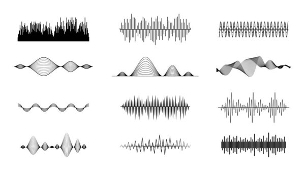 Set Black Collection Abstract Elements Audio Waves Voice Sound Music Shapes Vector Design Style
