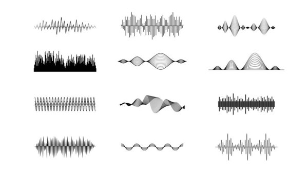 Set Black Collection Abstract Elements Audio Waves Voice Sound Music Shapes Vector Design Style