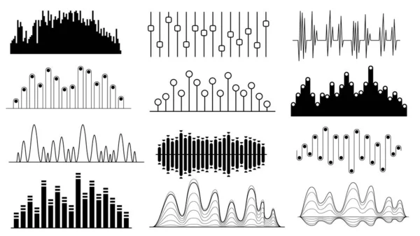 Set Black Collection Absztrakt Elemek Audio Hullámok Hang Zene Formák — Stock Vector