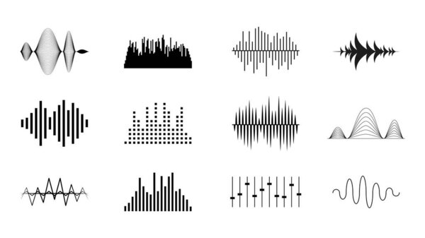 Set Black Collection Abstract Elements Audio Waves Voice Sound Music Shapes Vector Design Style