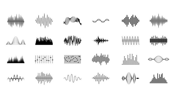 Set Black Collection Abstract Elements Audio Waves Voice Sound Music Shapes Vector Design Style
