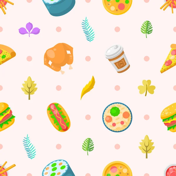 Seamless Pattern Abstract Elements Fast Food With Leaves Vector Design Style Background Illustration Texture For Prints Textiles, Clothing, Gift Wrap, Wallpaper, Pastel