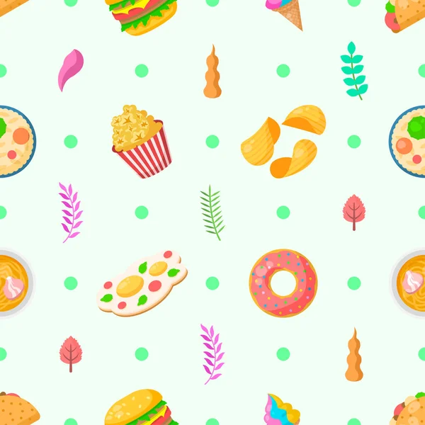 Seamless Pattern Abstract Elements Fast Food With Leaves Vector Design Style Background Illustration Texture For Prints Textiles, Clothing, Gift Wrap, Wallpaper, Pastel