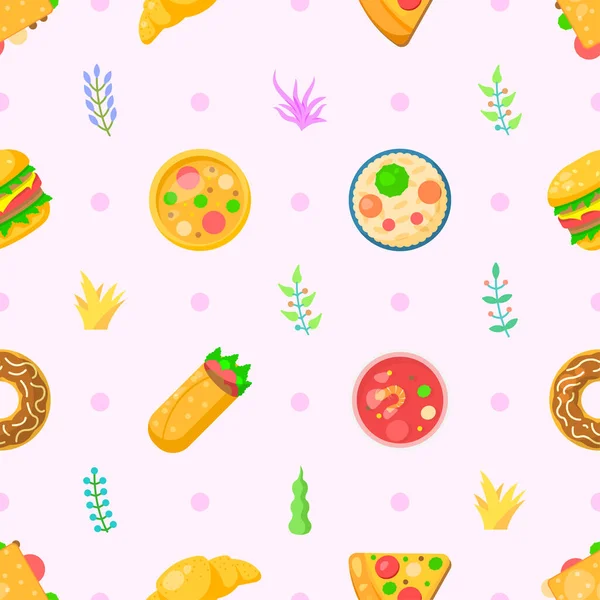 Seamless Pattern Abstract Elements Fast Food With Leaves Vector Design Style Background Illustration Texture For Prints Textiles, Clothing, Gift Wrap, Wallpaper, Pastel