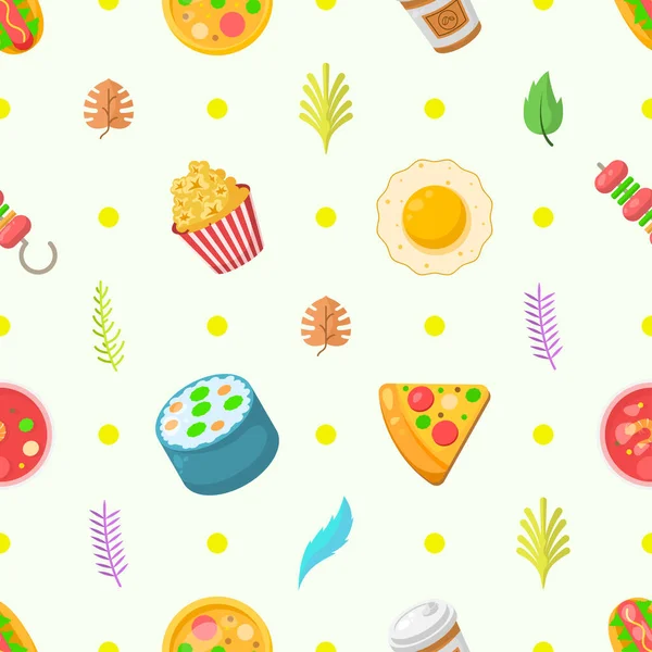 Seamless Pattern Abstract Elements Fast Food With Leaves Vector Design Style Background Illustration Texture For Prints Textiles, Clothing, Gift Wrap, Wallpaper, Pastel