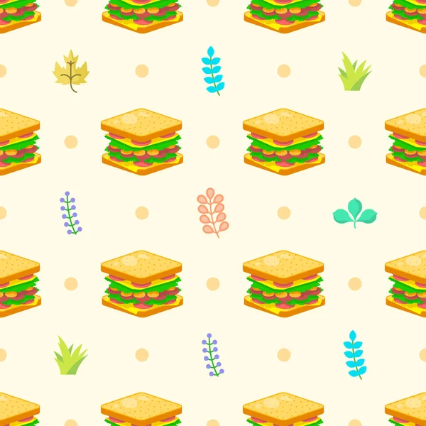 Samless Pattern Abstract Elements Fast Food Sandwich Leaves Vector Design — стоковий вектор