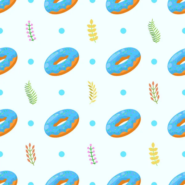 Seamless Pattern Abstract Elements Fast Food Donut Leaves Vector Design — Stock Vector