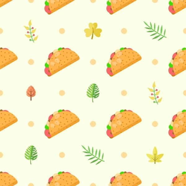Seamless Pattern Abstract Elements Fast Food Tacos Leaves Vector Design — стоковий вектор