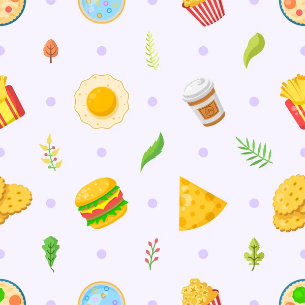 Seamless Pattern Abstract Elements Fast Food With Leaves Vector Design Style Background Illustration Texture For Prints Textiles, Clothing, Gift Wrap, Wallpaper, Pastel