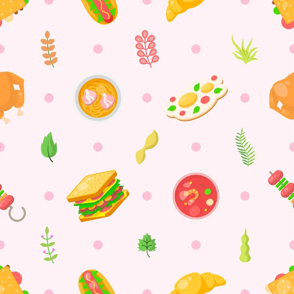 Seamless Pattern Abstract Elements Fast Food With Leaves Vector Design Style Background Illustration Texture For Prints Textiles, Clothing, Gift Wrap, Wallpaper, Pastel