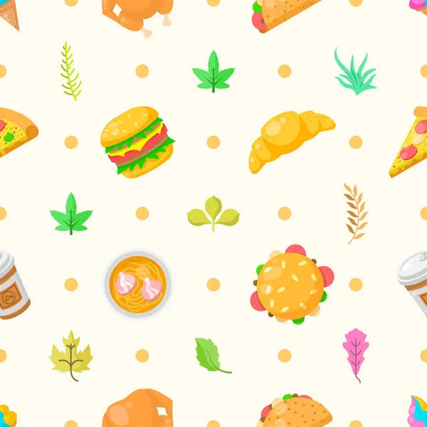Seamless Pattern Abstract Elements Fast Food With Leaves Vector Design Style Background Illustration Texture For Prints Textiles, Clothing, Gift Wrap, Wallpaper, Pastel