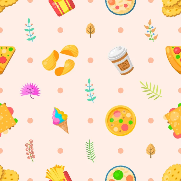 Seamless Pattern Abstract Elements Fast Food With Leaves Vector Design Style Background Illustration Texture For Prints Textiles, Clothing, Gift Wrap, Wallpaper, Pastel