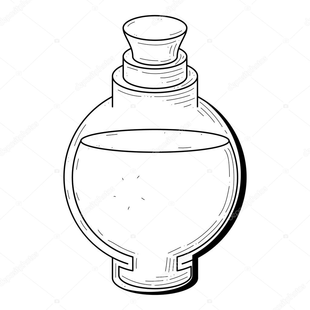 Black Simple Line Glass Flask Doodle Outline Potion Drink Elixir Liquid With Splash Element Vector Design Style Sketch Isolated Illustration Magic Witchcraft