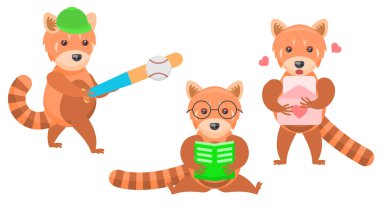 Soyut Koleksiyon Düz Çizgi Filmini Ayarla Farklı Hayvan Kırmızı Pandası Beyzbol Oynar, Kitap okur, Aşk Mektubu Vektörü Tasarım Tarzı Vahşi Yaşam