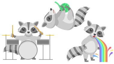 Soyut Koleksiyon Düz Çizgi Filmi Farklı Hayvan Rakunları Davul Çalıyor, Gökkuşağı Kusuyor, İplik Vektörü Tasarım Tarzı Vahşi Yaşam Elementleri Topuyla Oynuyor