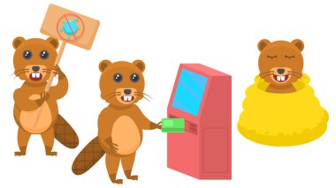 Soyut Koleksiyon Düz Çizgi Filmi Farklı Hayvan Kunduzları Virüsleri Yasaklıyor, ATM 'den Para Çekiyor, Battaniye Vektörü Tasarım Tarzı Vahşi Yaşam