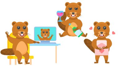 Soyut Koleksiyon Düz Çizgi Filmini Ayarlayın Farklı Hayvan Kunduzları Bir Aşk Mektubu Okuyor, Alkollü İçecekler İçiyor, Video Bağlantı Vektörü Tasarım Tarzı Vahşi Yaşam Biçimleri ile Konuşuyor