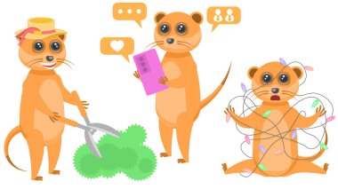 Soyut Koleksiyon Düz Çizgi Filmini Farklı Hayvan Mirasçıları Bahçıvanını Çalılıklara Çevir, Sosyal Ağ 'da Akıllı Telefonla, Bir Çelenk Taşıyıcı Tasarım Tarzına Karıştırılmış Vahşi Yaşam Elementleri