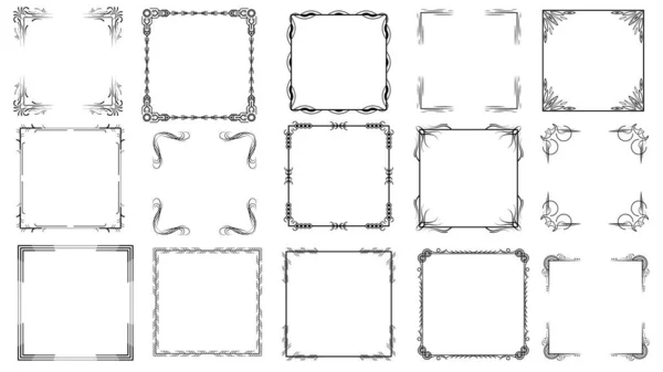 Big Set Fekete Egyszerű Vonal Keret Gyűjtemény Doodle Square Virágos — Stock Vector