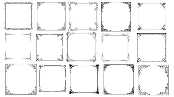 Big Set Black Simple Line Frame Collection Doodle Square Floral - Stok Vektor