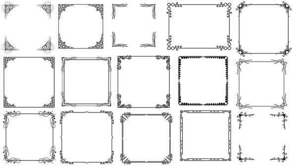 Big Set Black Simple Line Frame Collection Doodle Square Floral — Stockvektor