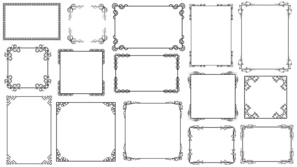 Big Set Black Simple Line Frame Collectie Doodle Square Floral — Stockvector