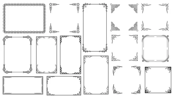 Big Set Fekete Egyszerű Vonal Keret Gyűjtemény Doodle Square Virágos — Stock Vector