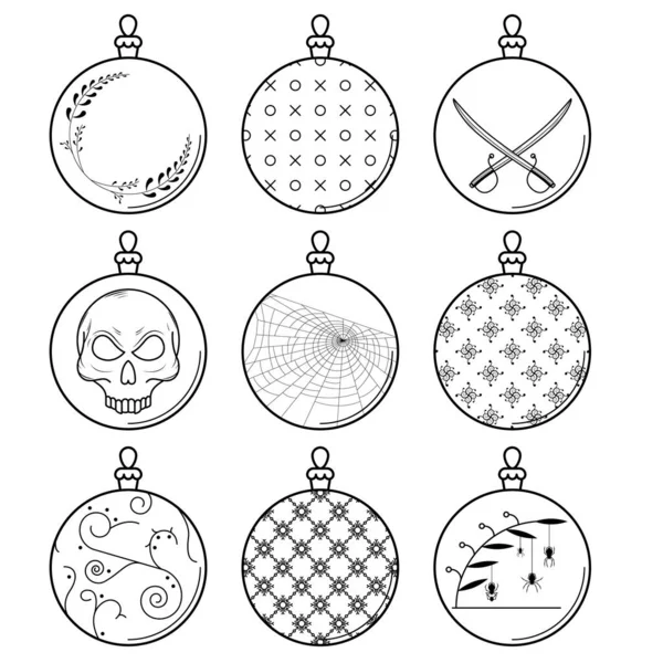 Set Black Doodle Outline Einfache Linie Abstrakte Kollektion Weihnachten Weihnachtskugeln — Stockvektor